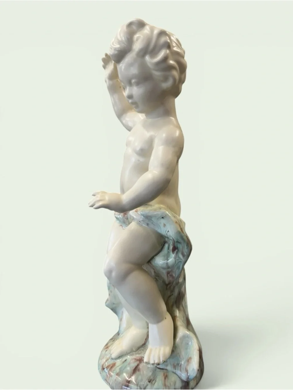 Vintage Cream Ceramic Cherub Figurine with Pale Aqua Drapery 16” x 6”